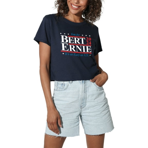 Sesame Street Bert Ernie for President 123 Vote Women's Crop Top T-Shirt, Navy, Large