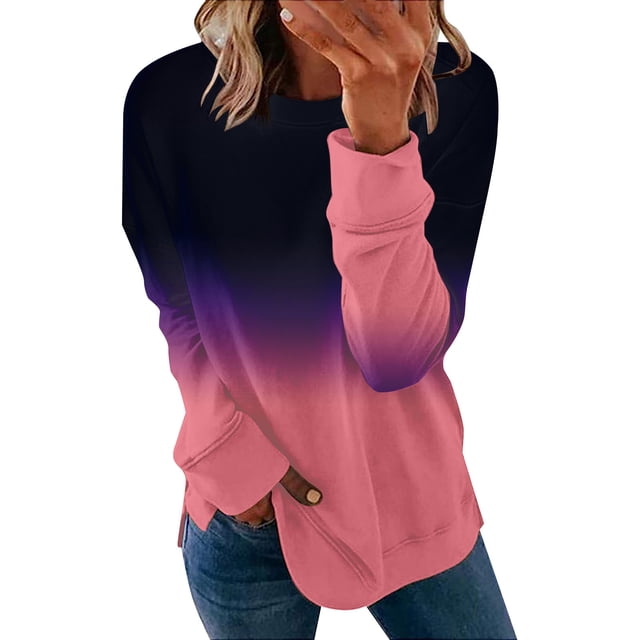 AherBiu Sweat-Shirt pour Femmes Col Rond Manches Longues Pull Tendance Dégradé Automne Décontracté