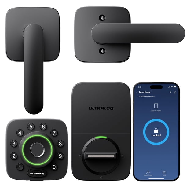 ULTRALOQ U-Bolt Pro WiFi Cerraduras inteligentes para puerta delantera, Cerradura inteligente con juego de manijas, Cerradura de puerta de entrada sin llave con sensor de puerta, Juego de cerradura de