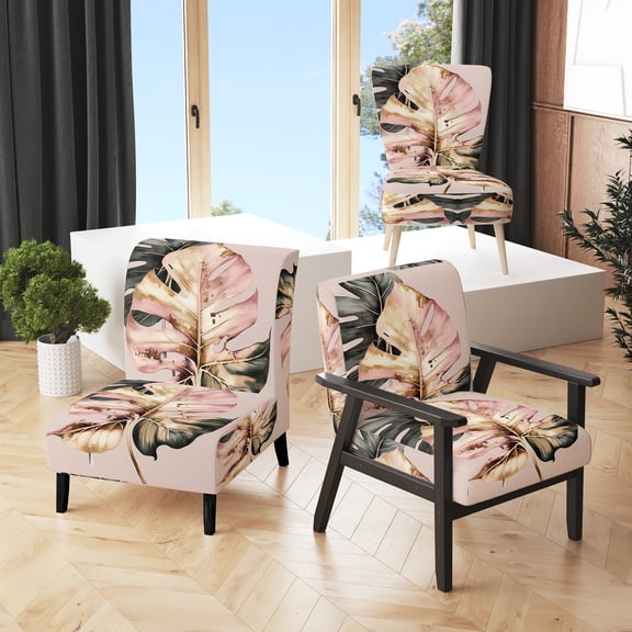 Designart "Botanical Leaf in Artistic Detail IV" Pink Floral Ferns Upholstered Accent Chair - Traditional Arm Chair For Living Room