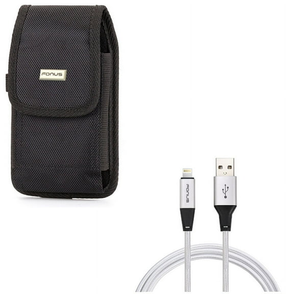 10ft USB Cable w Case Belt Clip for iPhone 8/7/6S/6 - Charger Cord Power Wire Braided Long, Swivel Holster Rugged Cover Pouch for iPhone 8/7/6S/6 Models