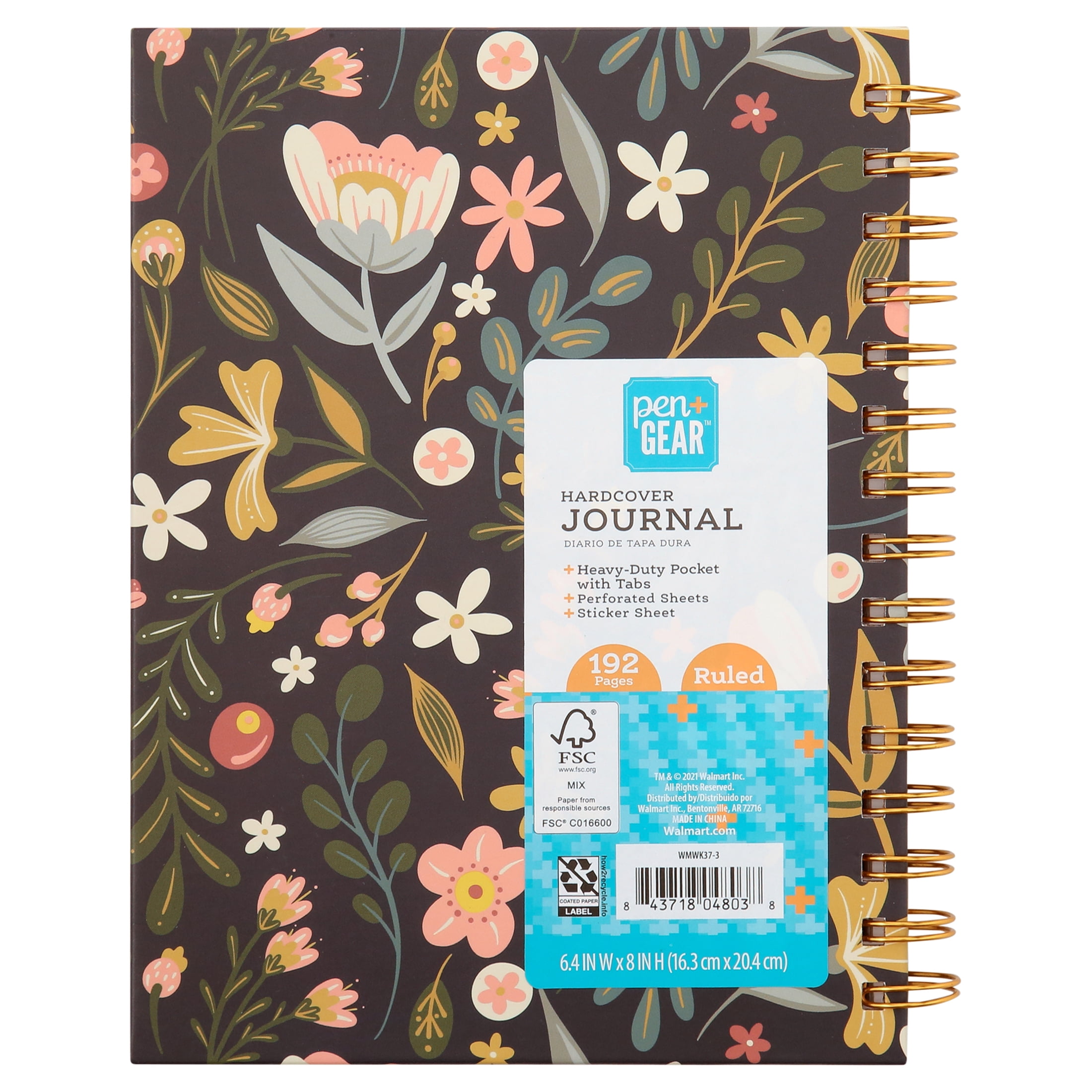 Pen+Gear 6. 4" x 8" Hardcover Journal, Floral,Includes Sticker Sheet And Heavy-Duty Pocket