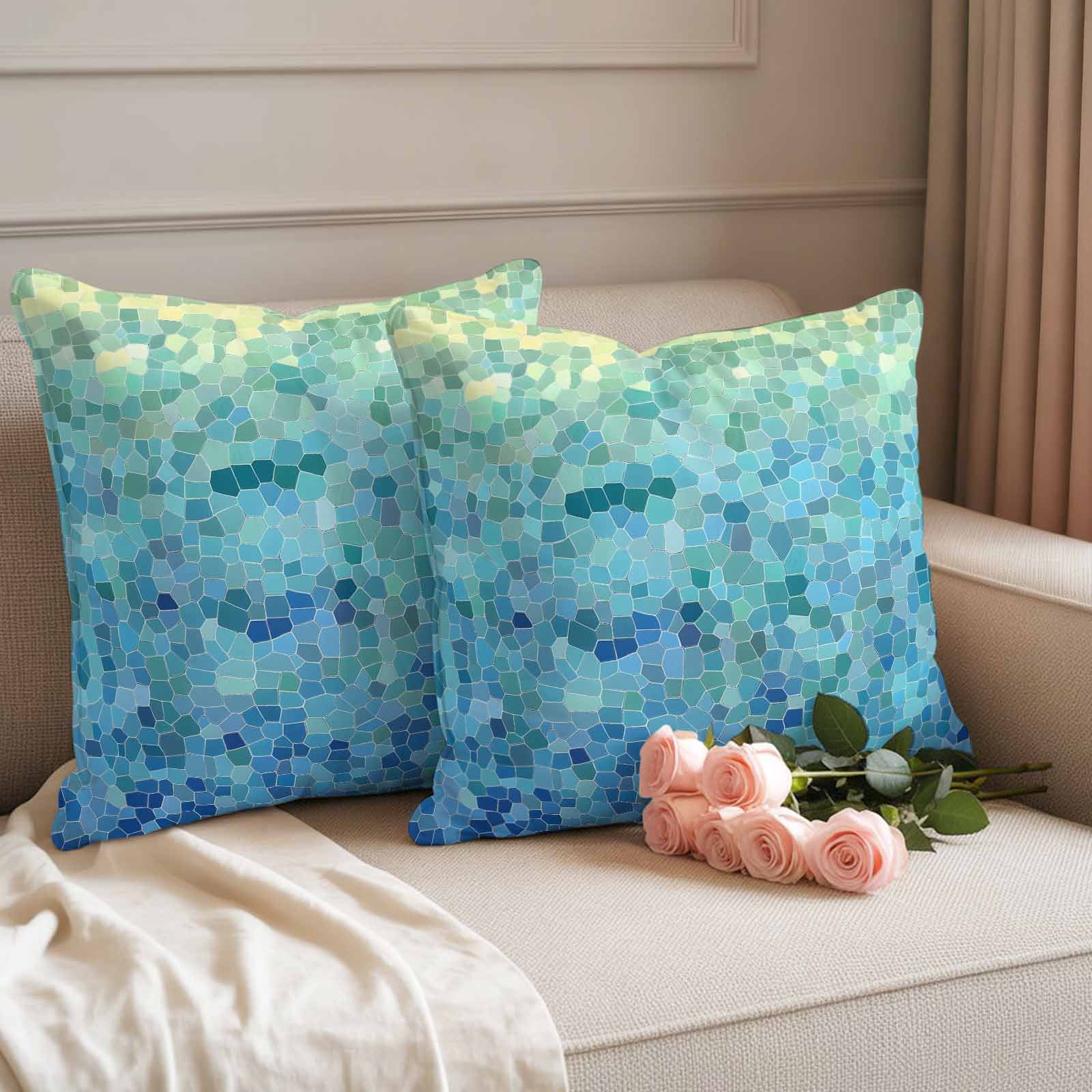Turquoise Blue Teal Outdoor Waterproof Pillow Covers, Chic Stained Glass Texture Aesthetic Decorative Square Throw Pillowcase Sofa Cushion Sham for Patio/Couch/Chair, 24"x24" 2 Pack