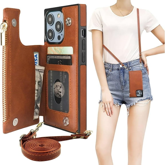 Crossbody Wallet Case for iPhone 14 Pro with RFID Blocking Card Slot Holder, Magnetic Flip Folio Purse Case, PU Leather Zipper Handbag with Detachable Lanyard Strap 6.1 Inch 5G (Brown)