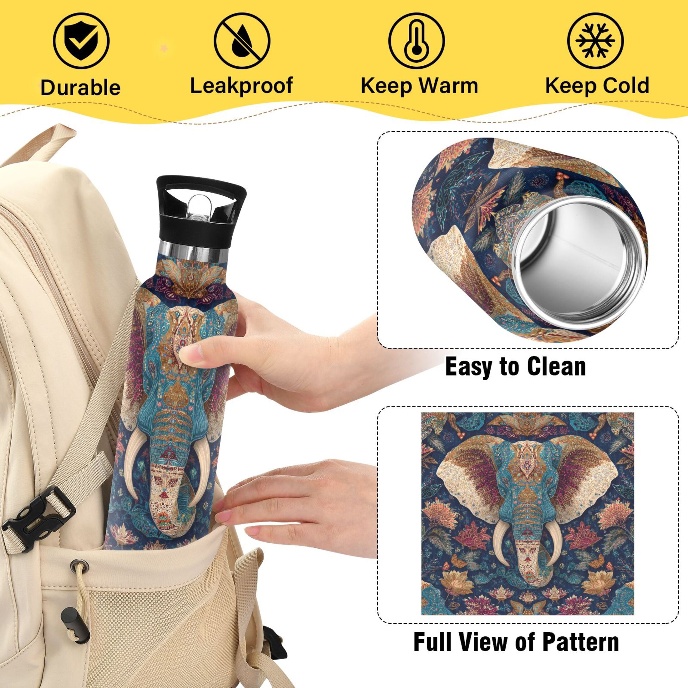 600ML Stainless Steel Insulated Cup Sports Water Bottle Portable Thermos Cup Water Glasses Insulated Tumblers Convenient and Durable Cartoon Watercolor Elephant