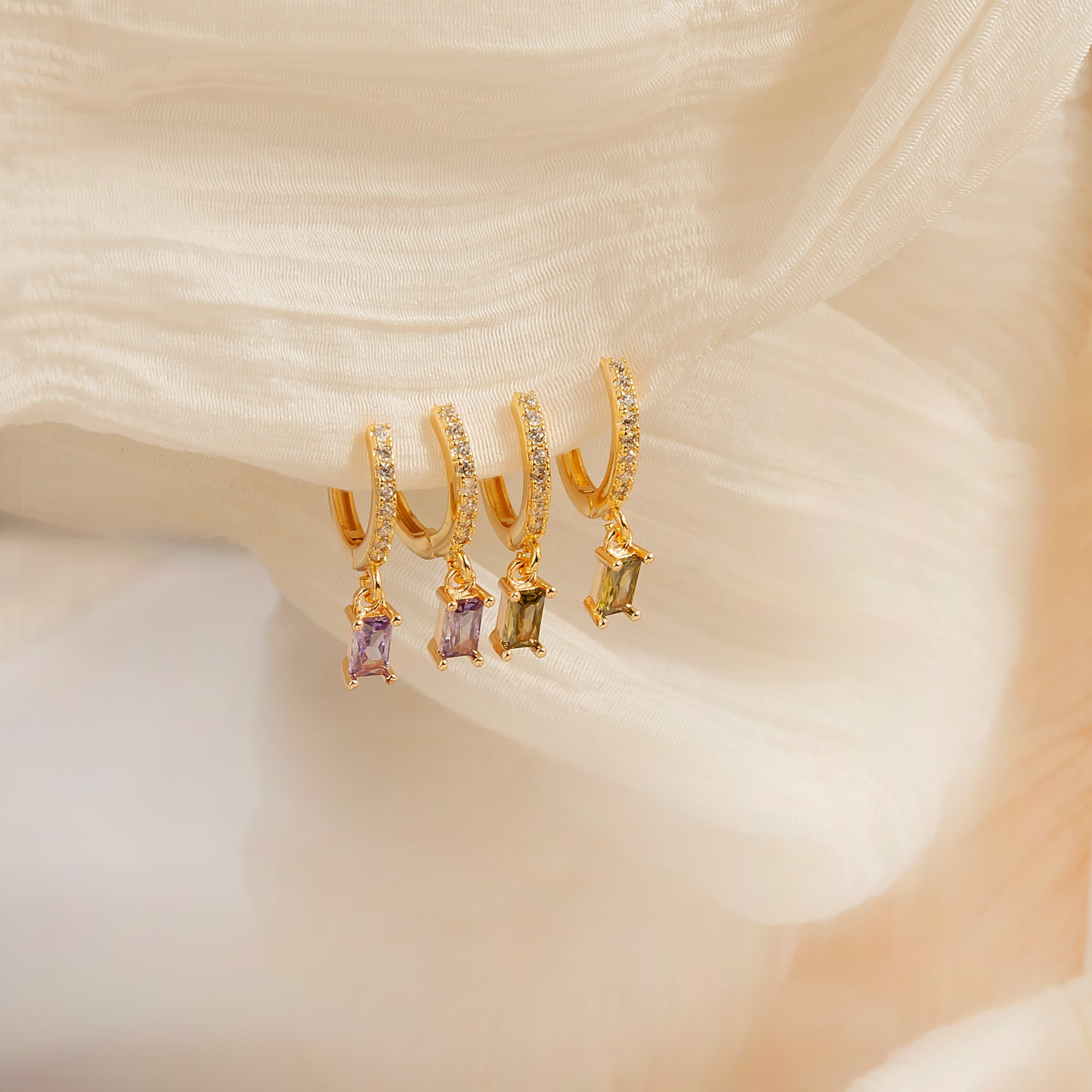 Anavia Small Gold Dainty Birthstone Drop Earrings for Women Girls with Rectangular Baguette Crystal for Wedding Birthday Everyday Wear