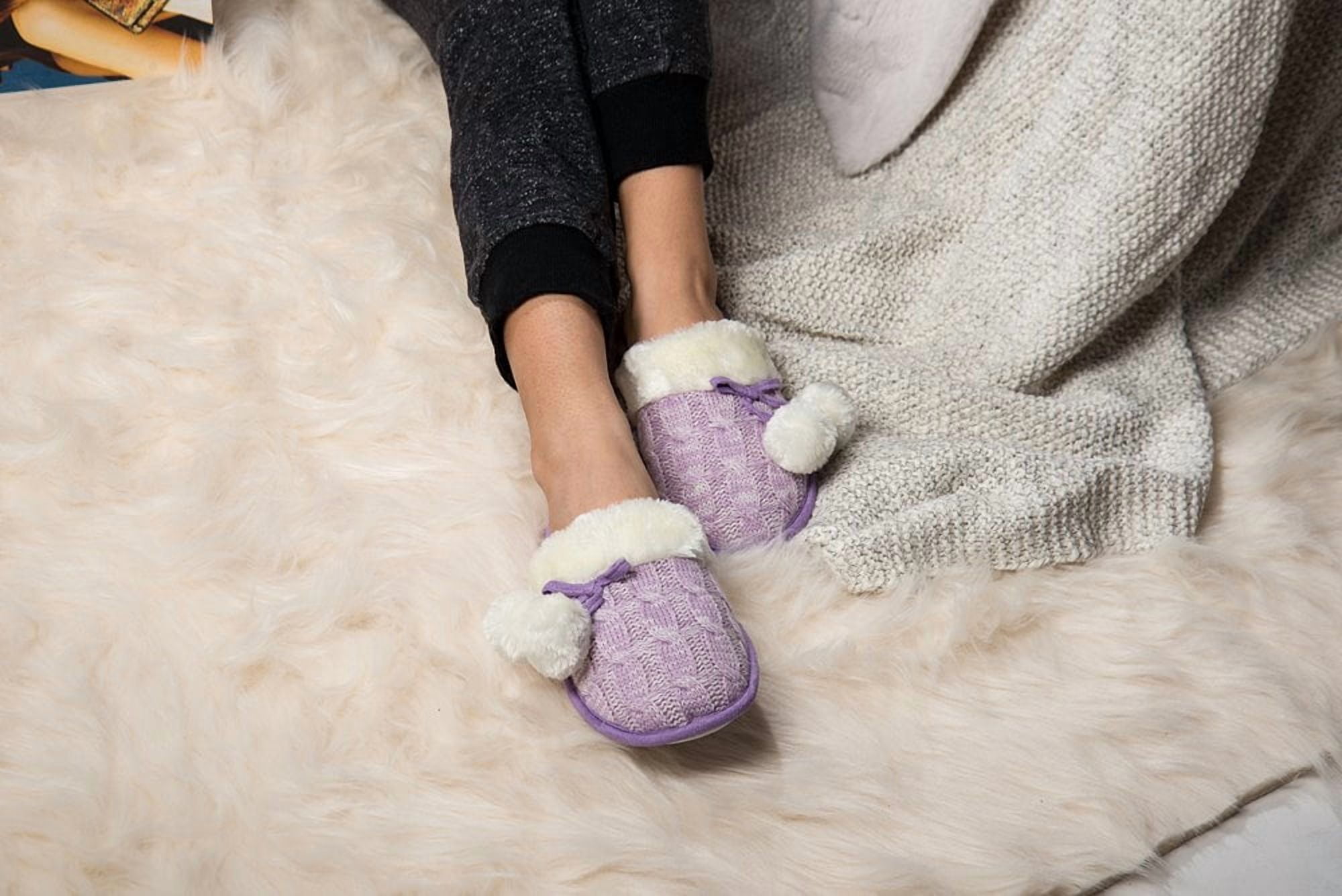 Women’s Fuzzy Knit Pom-Pom Memory Foam Slippers – Non-Slip House Shoes, Cozy Indoor Footwear