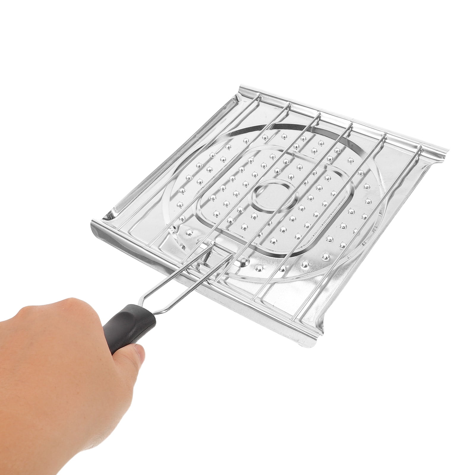 OUNONA Plated Silver Stainless Steel Portable Grill Pan with Foldable Handle Even Cooking Surface for Outdoor Grilling