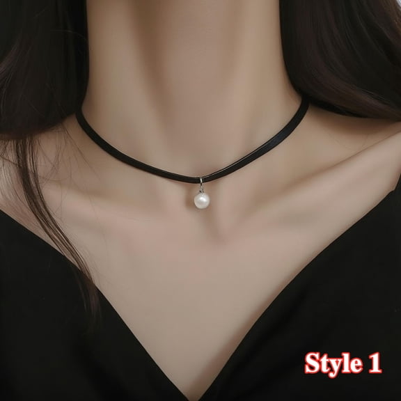 QQTDFG Adjustable Black Choker Necklace Leather Pearl Velvet Choker Gothic Collar Chain-Style 1