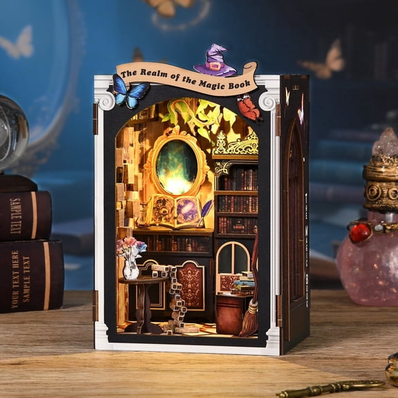 DIY Book Nook Kit, Magic Mirror 3D Wooden Puzzle for Bookshelf Insert Decoration, Miniature Tiny House Craft for Adults & Teens, Gift Idea