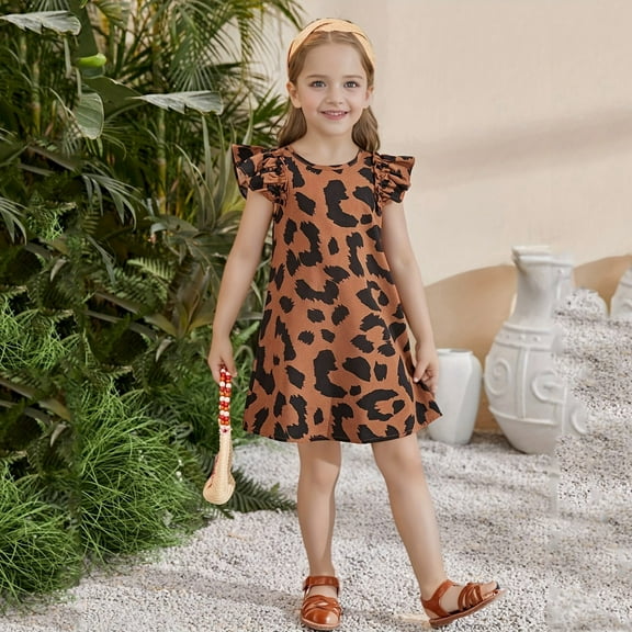 WOYY Girls Leopard Print Flutter Sleeve Dress Summer Casual A-Line Dress, Sizes 1-8