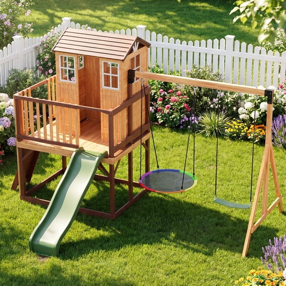 BUPPLEE Cedar Wood Swing Set with Playhouse, Slide and Saucer Swing, Ages 3