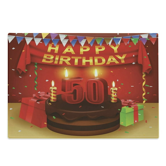 50th Birthday Cutting Board, Chocolate Cake with Number Candles Presents Ribbons and the Flags, Decorative Tempered Glass Cutting and Serving Board, Large Size, Multicolor, by Ambesonne