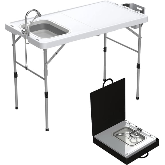 LYYHTY 50'' Folding Fish Cleaning Table with Foldable Sink, Fold-in-Half Portable Camping Fish Station with Foldable Faucet, Drainage Hose, Sprayer, Storage Box, Grooves & Carry Bag for Picnic, White
