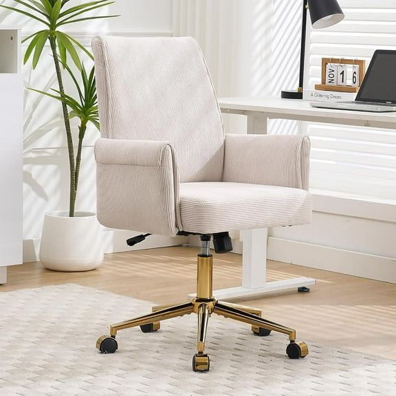 YITAI Stripes Velvet 360°Swivel Desk Chair, Modern Height Adjustable Home Office Armchair with Gold Base and Wheels for Vanity, Comfy Computer Chair for Study Living Room Bedroom(Beige)