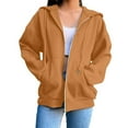 thumbnail image 3 of Women's Solid Color Zip Up Hooded Sweatshirt, Oversized Loose Fit with Drawstring Hood and Pockets, Thick Warm Material for Fall Winter Fashion, Casual Jackets for Streetwear, Daily Wear Brown L, 3 of 8
