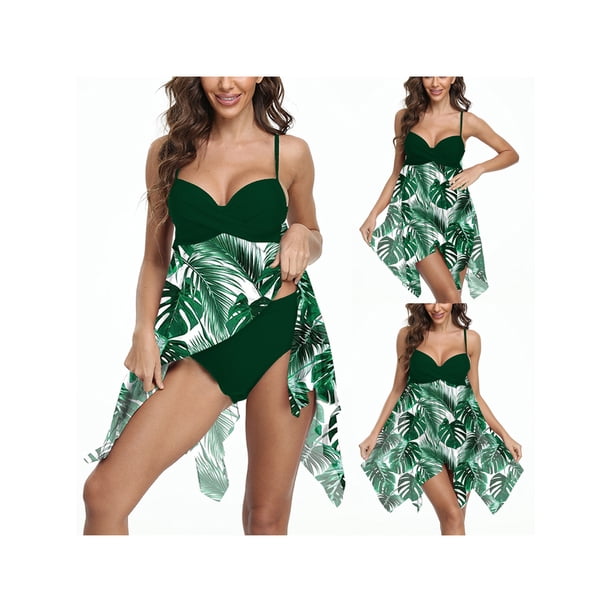 SAYOO Traje de baño de dos piezas para mujer, tops de playa irregulares con correa de espagueti con estampado de hojas + shorts de baño SAYOO casual