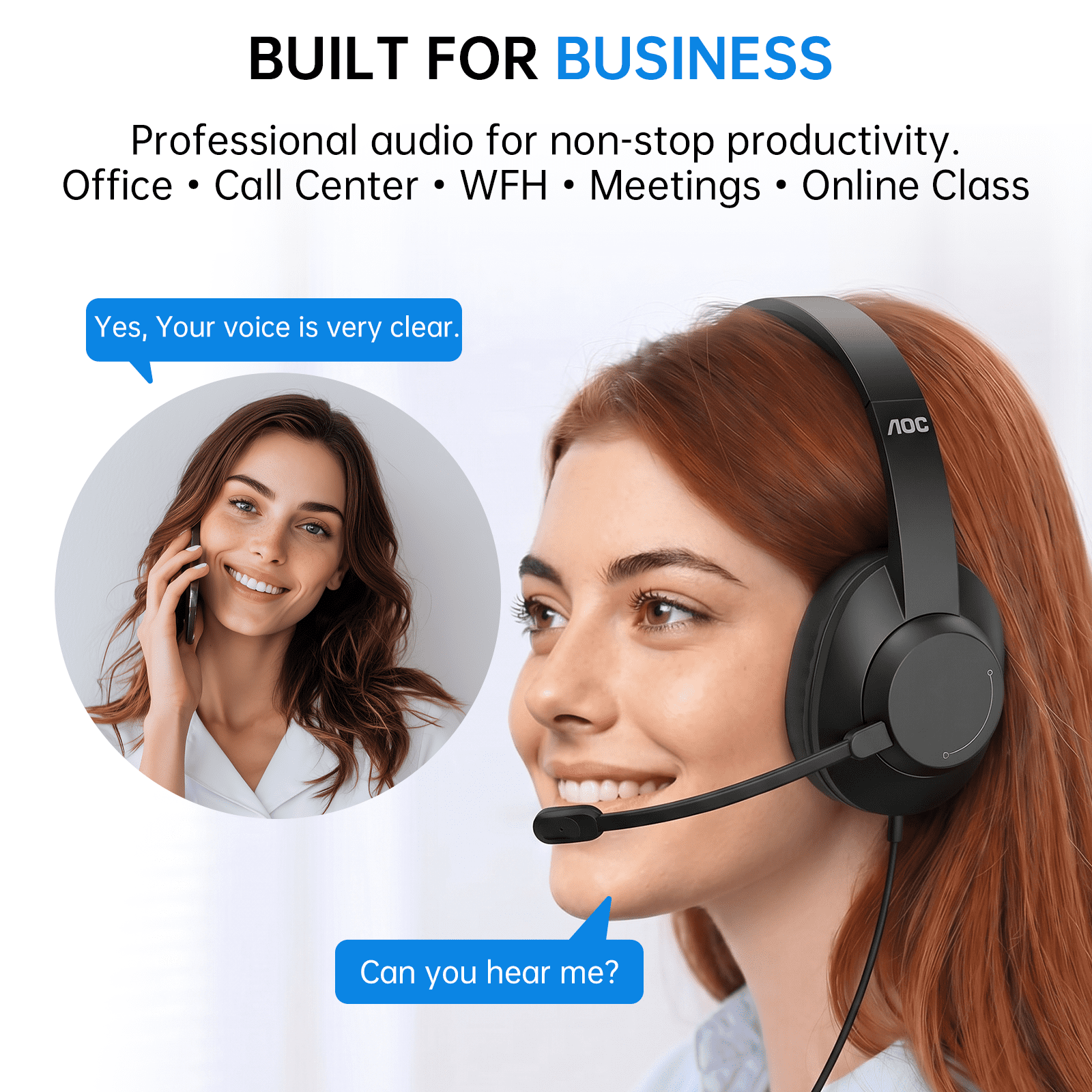 AOC USB Headset with Noise Cancelling Microphone for Work, Lightweight Wired Headphones, Noise-Cancelling Boom, 40mm Audio Drivers, USB-A/C for PC,Mac,Office,Call Centers,Online Meetings