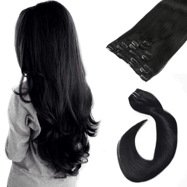 Ubetta Human Hair Extensions Clip in Jet Black Silky Straight Remy Hair Extensions Clip in Real Hair Weft Extensions 7 Pieces 70 Gram 18 Inch for Women