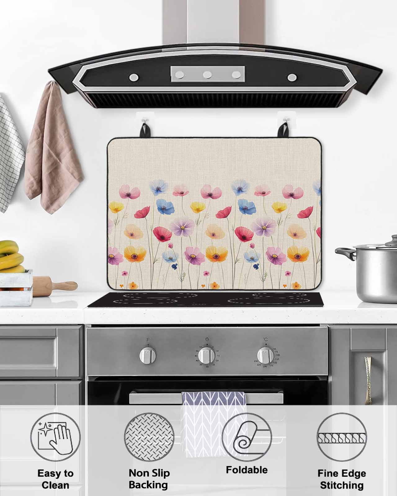 nqOlkjepod Large Induction Cooktop Protector Mat 24"x21", Colorful Floral Stove Top Covers for Electric Stove, Spring Seasonal Botanical Wildflowers Stove Burner Cover Mats, Glass Top Stove Cover