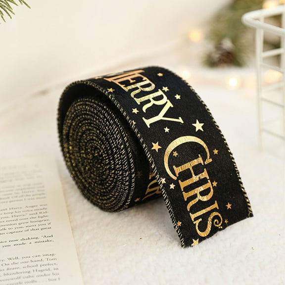 Merry Christmas Velvet Wired Edge Ribbon 2.5 Inch Black Gold Glitter Xmas Tree Velvet Wired Ribbon for Bow Wreath Craft Gift Wrap Holiday Home Decor