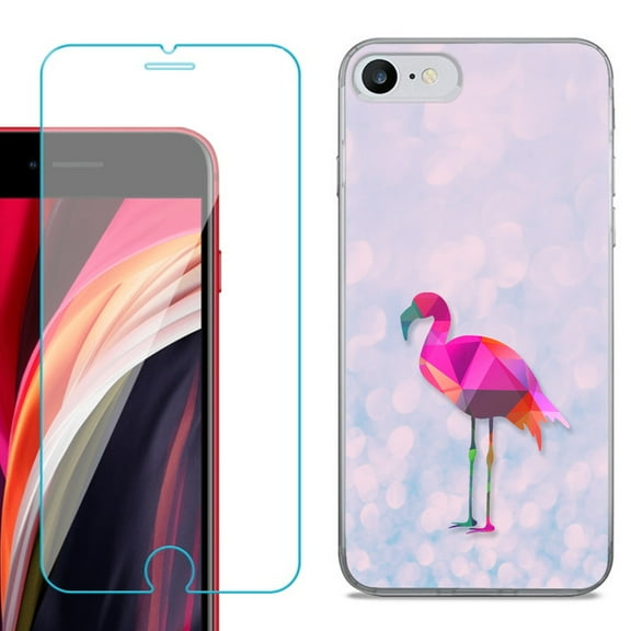 Slim-Fit Fashion Gel Phone Case for iPhone SE 2022, with Tempered Glass Screen Protector, by OneToughShield ® - Flamingo / Polygon