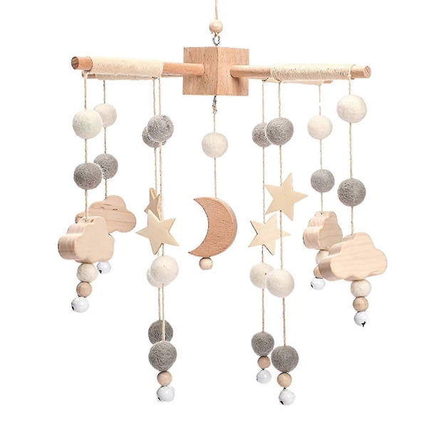 Mobile Baby Wind Chimes With Felt Balls Moon Stars Baby Room Wooden Crochet Mobilestyle 1