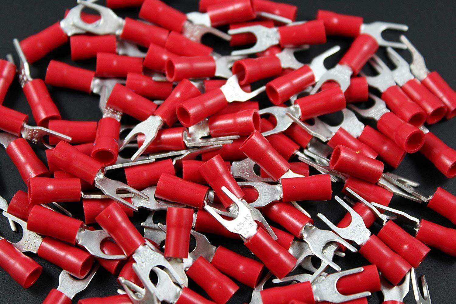 SHIPS FREE TODAY! 100 PACK RED 22-18 GAUGE AWG SPADE FORK WIRE CONNECTORS #8 