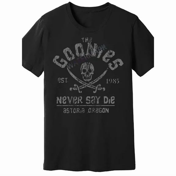 100% cotton tshirts men tee The Goonies Never Say Die Men's Graphic T-Shirt - Black Short Sleeve Crewneck with Skull & Crossbones Design