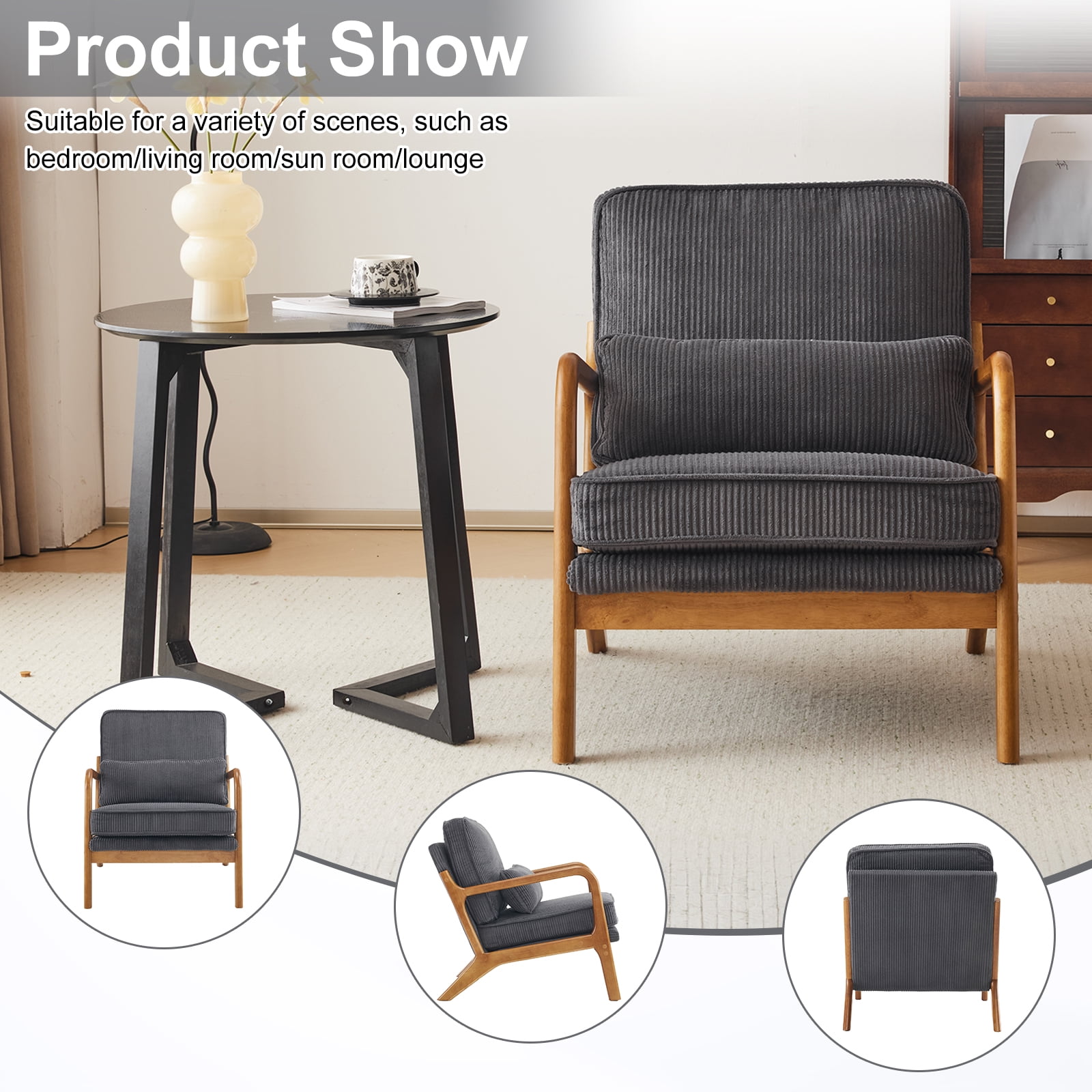 Ktaxon Accent Chair Corduroy Upholstered Armchair, Reading Club Chair with Pillow and Solid Wood Frame for Living Room Bedroom Furniture Dark Gray