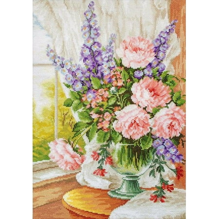 UPC: 4840746043437 | Counted Cross-Stitch Kit Flowers at the Window BU4016L Needlework Flowers Purple Pink Green By Luca-S Canvas