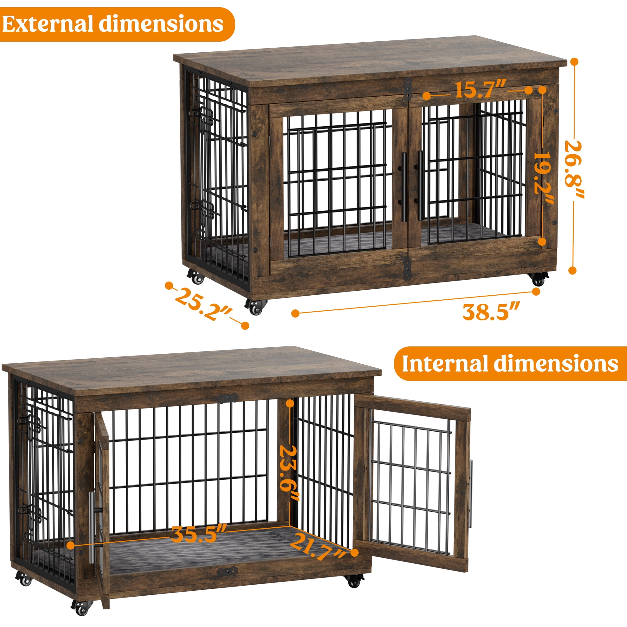 GIKPAL 38 Inch Dog Crate With Padded Wooden, Dog Kennels for Inside With 2 Door Wheeled for Heavy Medium to Large Dogs