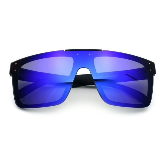 Polarized Rimless Skeleton Arm Shield Horn Rim Flat Top Plastic Sunglasses Black - Blue Mirror