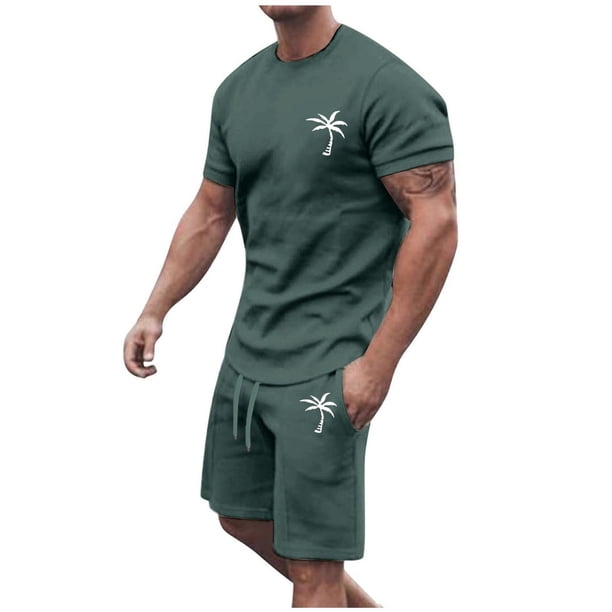 Conjunto de Sudadores de Hombres Impresión Casual Deportes de Manga Corta Cuello Redondo, Traje de Deporte de 2 Piezas con Pantalones de Corredores de Cintura Elástica