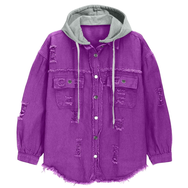 Denim Jacket For Women Solid Color Loose Jacket With Ripped