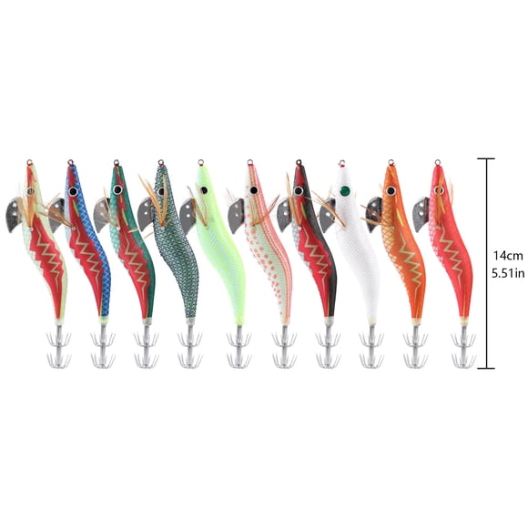 Ruiboury 10pcs 2.0/2.5/3.0/3.5# Hard Bait Luminous Squid Sea Fishing Lure 8/11.5/14/19.5g Shrimp Cuttlefish Squid Hook Rig 3.5#