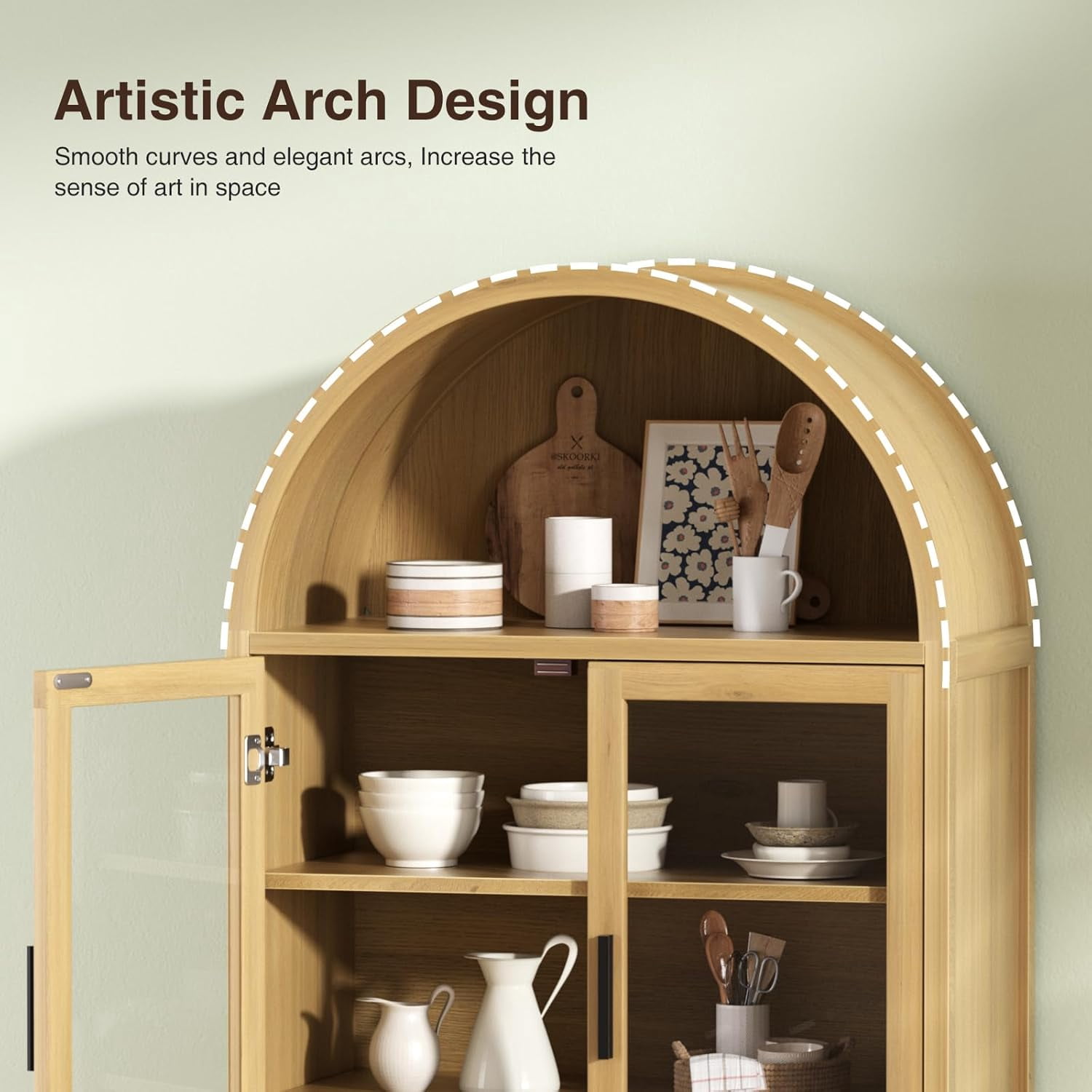Vabches Arched Kitchen Pantry Storage Cabinet, 71" Tall Fluted Cabinet with 2 Glass Doors, 2 Doors for Kitchen, Living Room, Bedroom