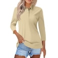 thumbnail image 2 of Women's Solid Color Polo Shirts 3/4 Sleeve Button Down Collared Shirts Business Casual Work Tops Athletic Tennis Golf Shirt 3 Buttons Spring & Autumn Work Basic Blouse Khaki S, 2 of 6