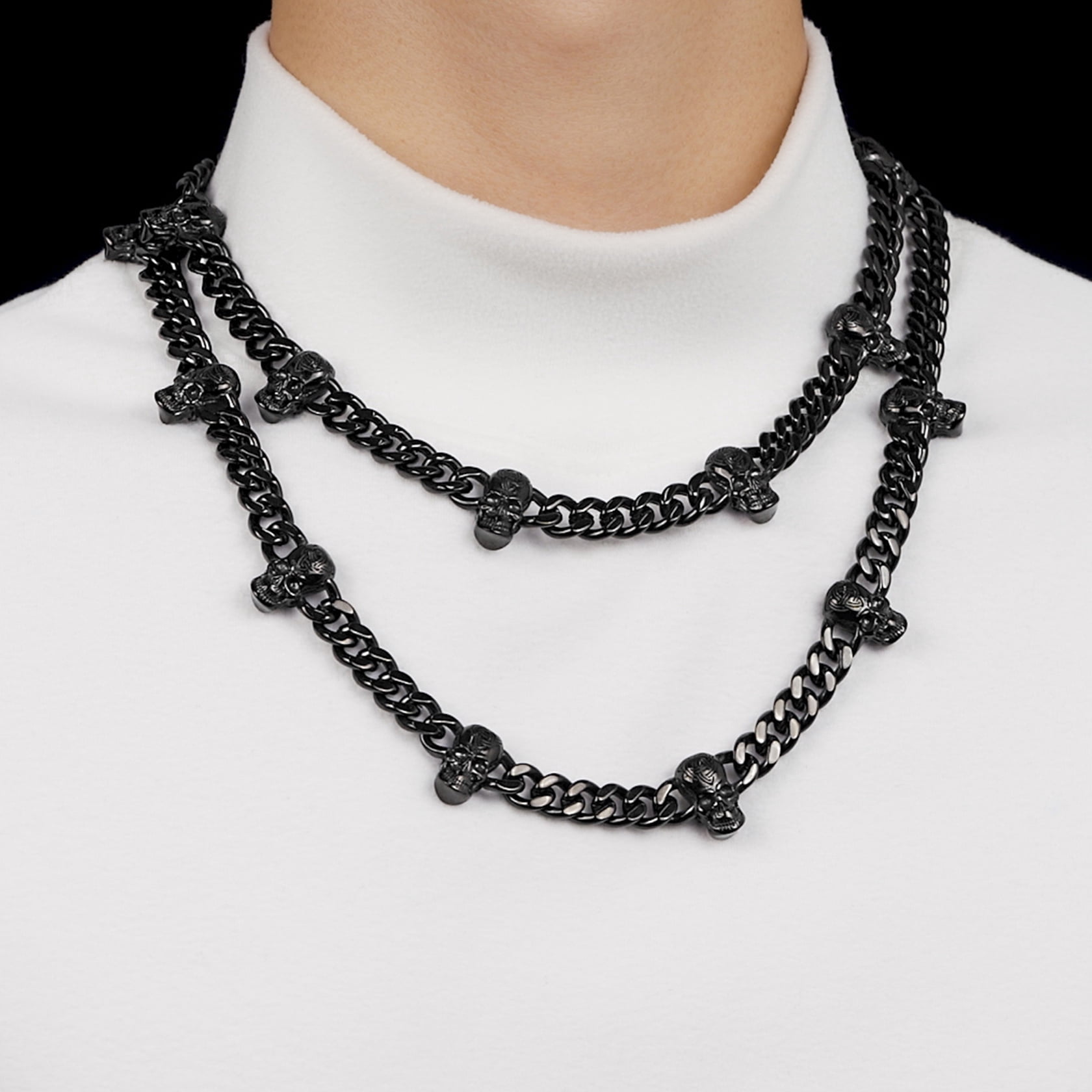 ChainsHouse Men's Black Gothic Punk Necklace Stainless Steel 9mm Thick Skull Link Chain Necklaces Jewelry Gift, 20"