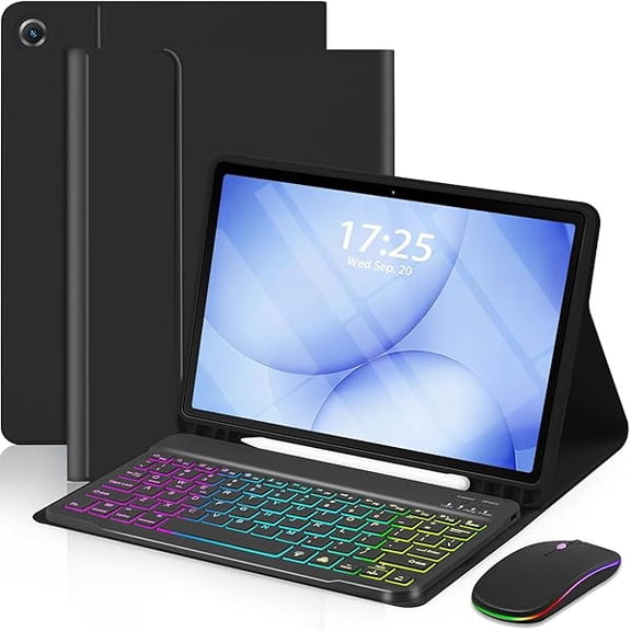 Compatible Case Keyboard Mouse for Samsung Galaxy Tab A11 Plus/A9 Plus 2025/2023 11 inch,7 Color Rainbow Backlight Detachable USB-C Keypad Magnetic Case Pen Slot for Tablet A11  A9  5G Black