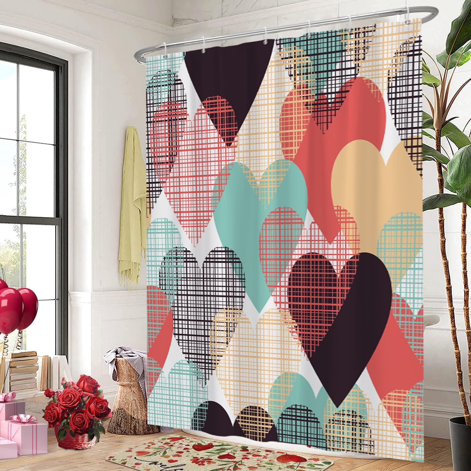 Mizhona Valentine's Day Shower Curtain Colorful Hearts Bathroom Curtains with Hooks 72"x78"