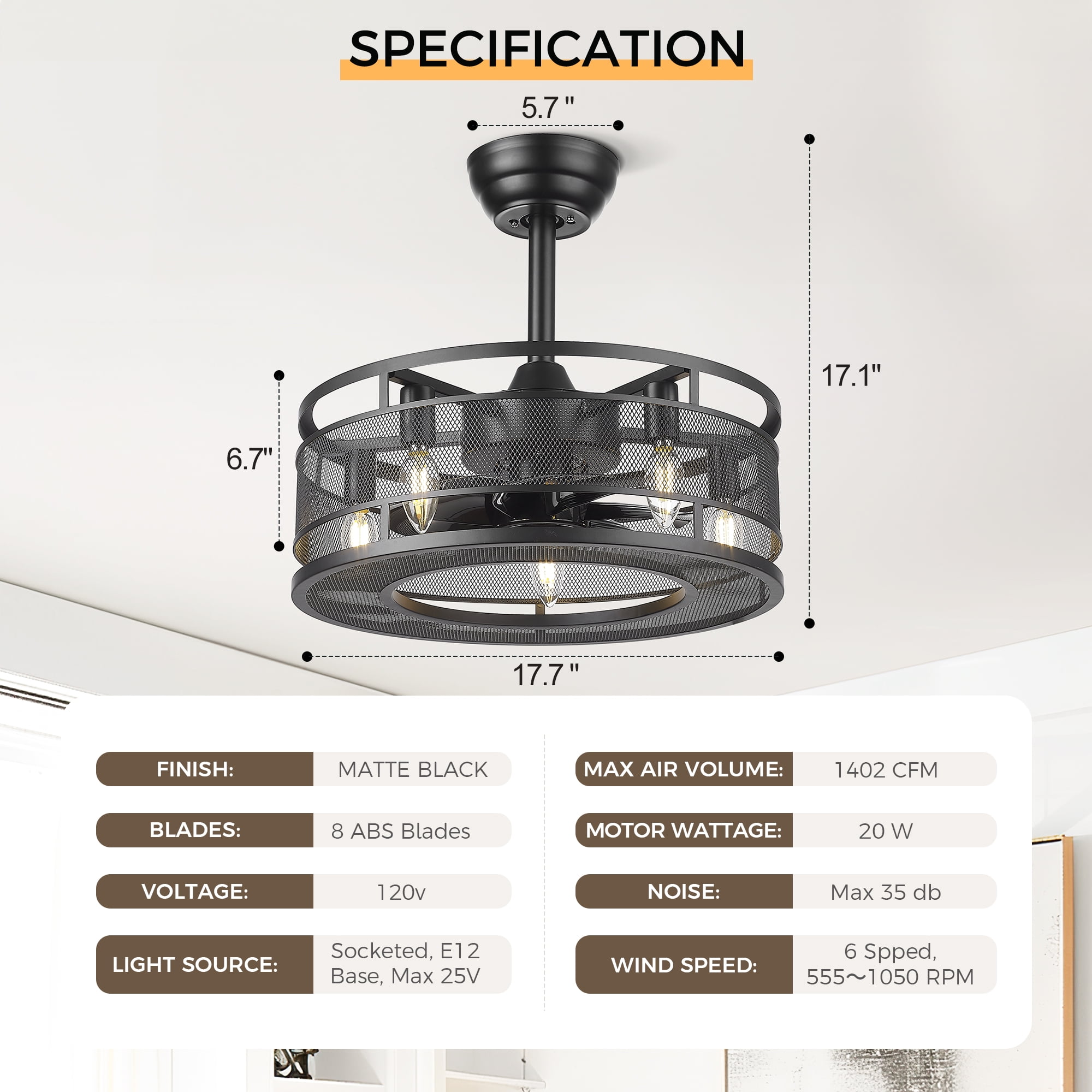 Ltmate 18-Inch Black Low Profile Ceiling Fan with Light, Indoor Use, 100-240V