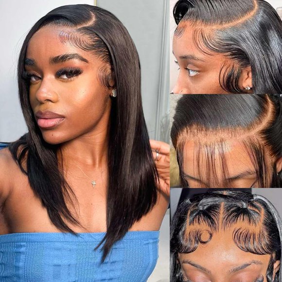 HIRIREMY Perruque Bob Cheveux Humains 13x4 Perruque Frontale en Dentelle Courte Droite HD Perruques Bob pour Femmes Noires Cheveux Humains Sans Colle Pré-Plunchés avec