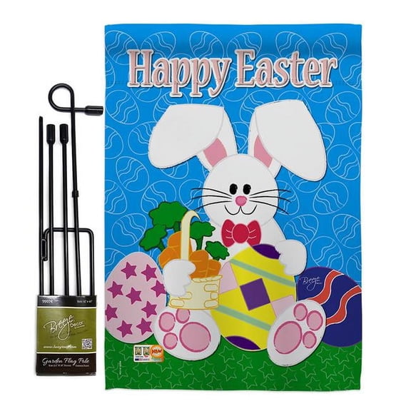 Breeze Decor BD-EA-GS-103029-IP-BO-D-US98-BD 13 x 18.5 in. Happy Bunny Spring Easter Impressions Decorative Vertical Double Sided Garden Flag Set with Banner Pole