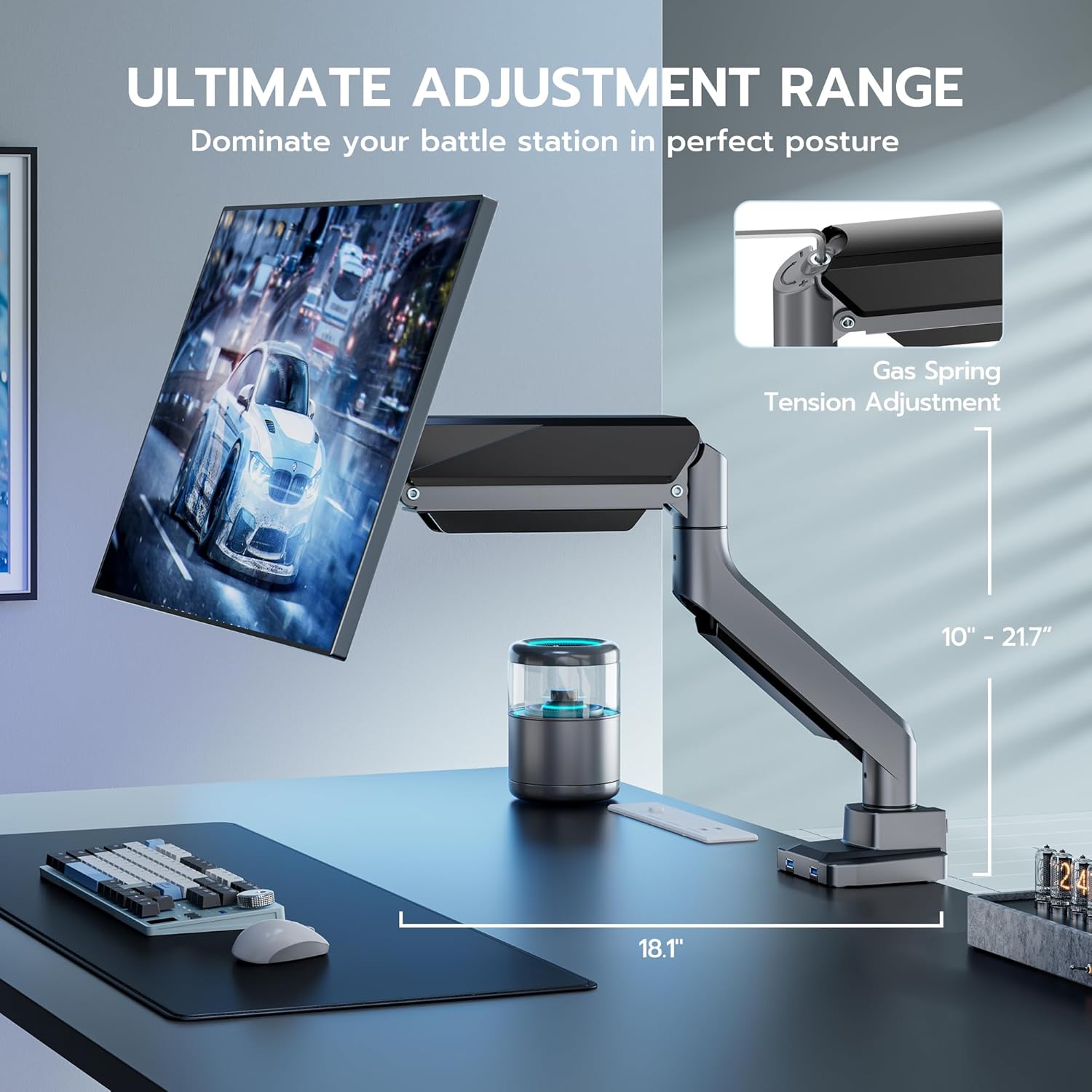 ARES WING Single Monitor Arm with USB, Heavy Duty Adjustable Monitor Arm for 13"-49" Screens, Gas Spring Monitor Arm Desk Mount with Clamp & Grommet Base Holds up to 40 lb, VESA 75x75 100x100, Grey