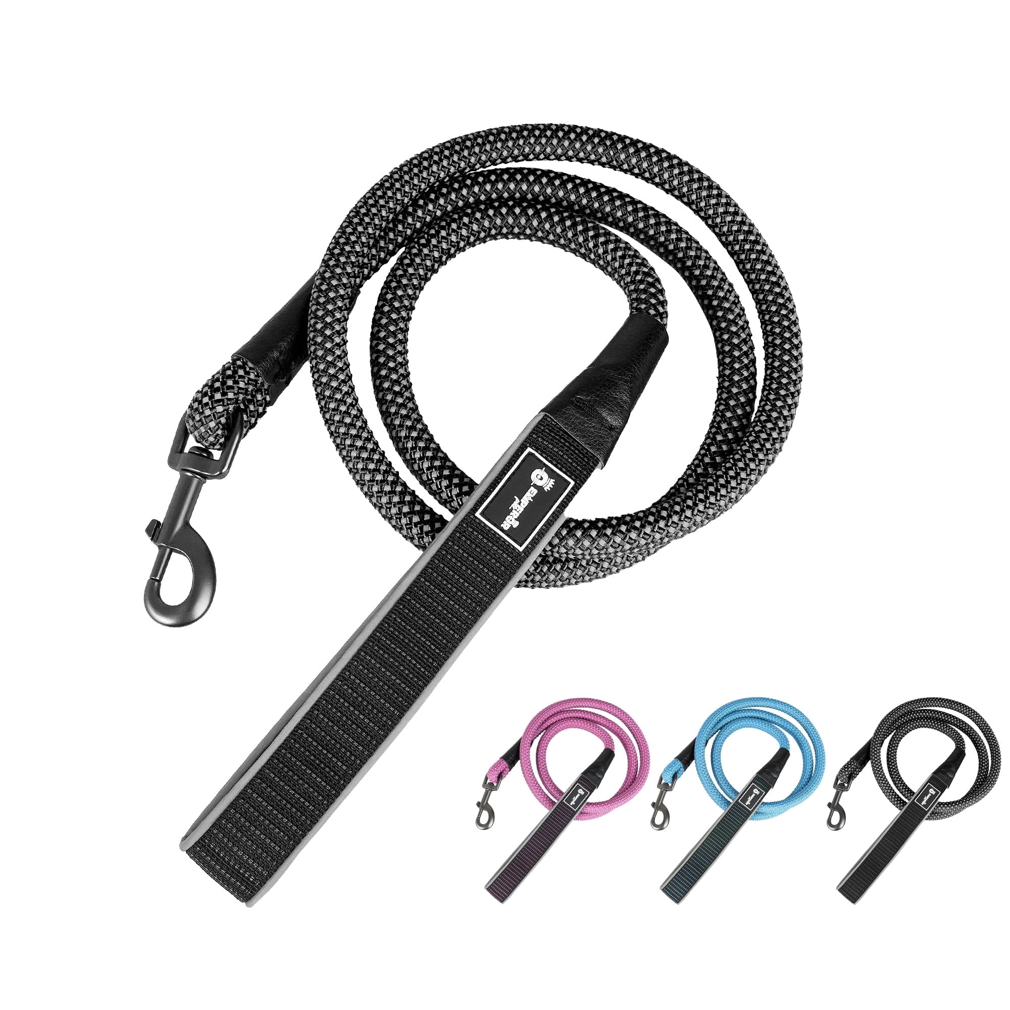 Emperor Pets Rope Dog Leash 5 feet with Comfortable Padded Handle - Highly Reflective Threads Leash for Small to Large Dogs (M 0.5 in Black)