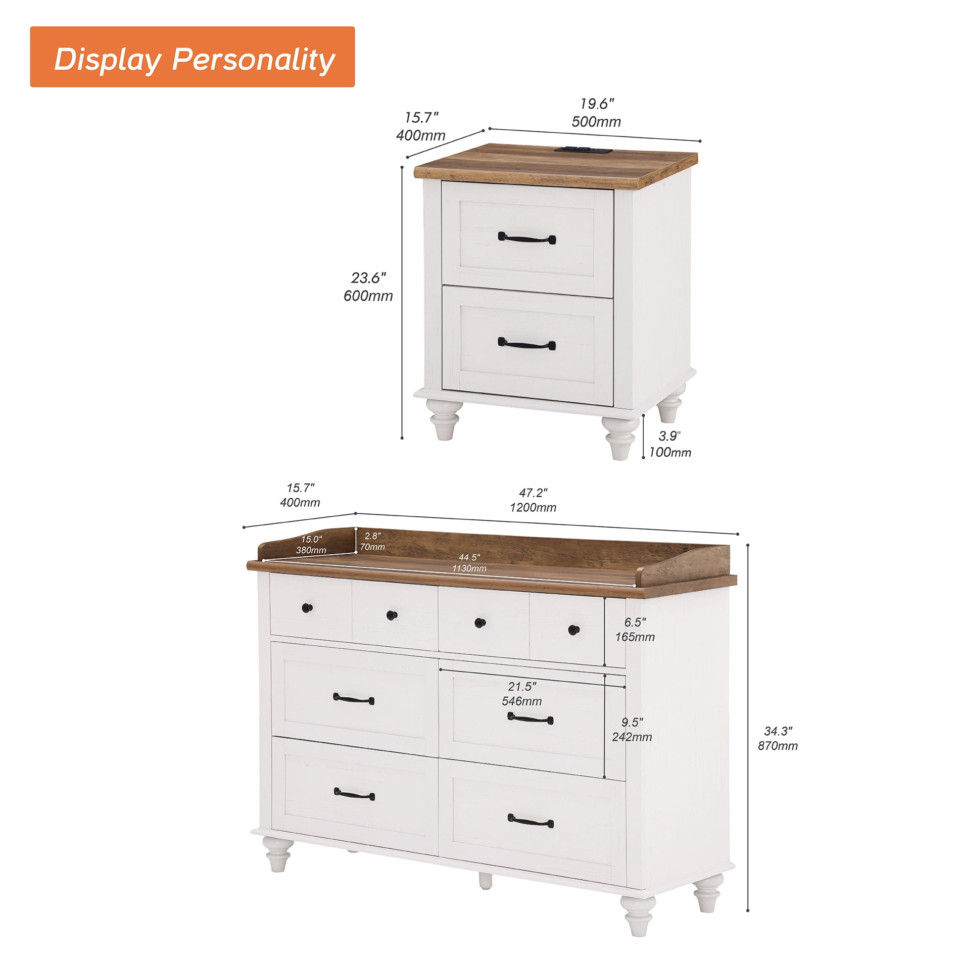3 Piece Dresser and Nightstand Sets, Farmhouse Dresser with 6 Drawers, Set of 2 Night Stands with Charging Staion, 3 Piece Bedroom Set, Off White