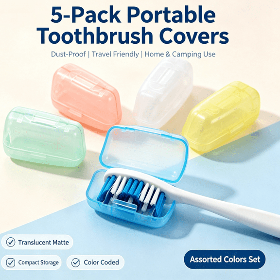 UFIVBIH 5 Pack Portable Toothbrush Head Covers Snap‑On Travel Toothbrush Protector Caps, Dust‑Proof Hygienic Plastic Cases for Home, Camping, Business Trips