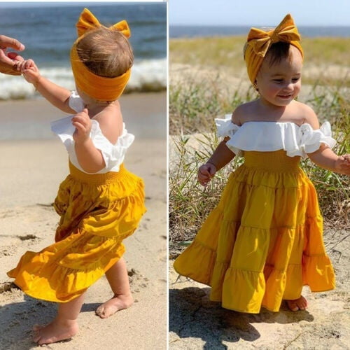 Toddler Kids Baby Girl Summer Off Shoulder Ruffle Collar T-Shirt Top Outfits Set 