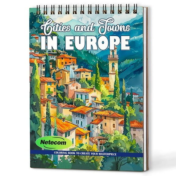 Netecom Cities and Towns In Europe Coloring Book Spiral Bound For Adults, A5 Wooden Cover, 30 Charming Coloring Pages in Historic European Architecture for Stress Relief and Relaxation